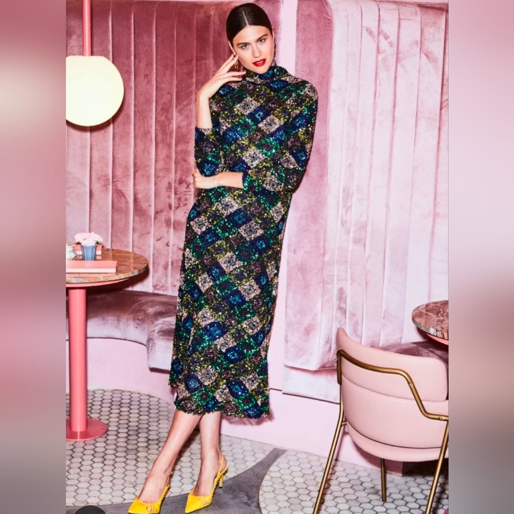 Zara Super Rare Harlequin Argyle Jewel Tone Sequin Long Dress Size S